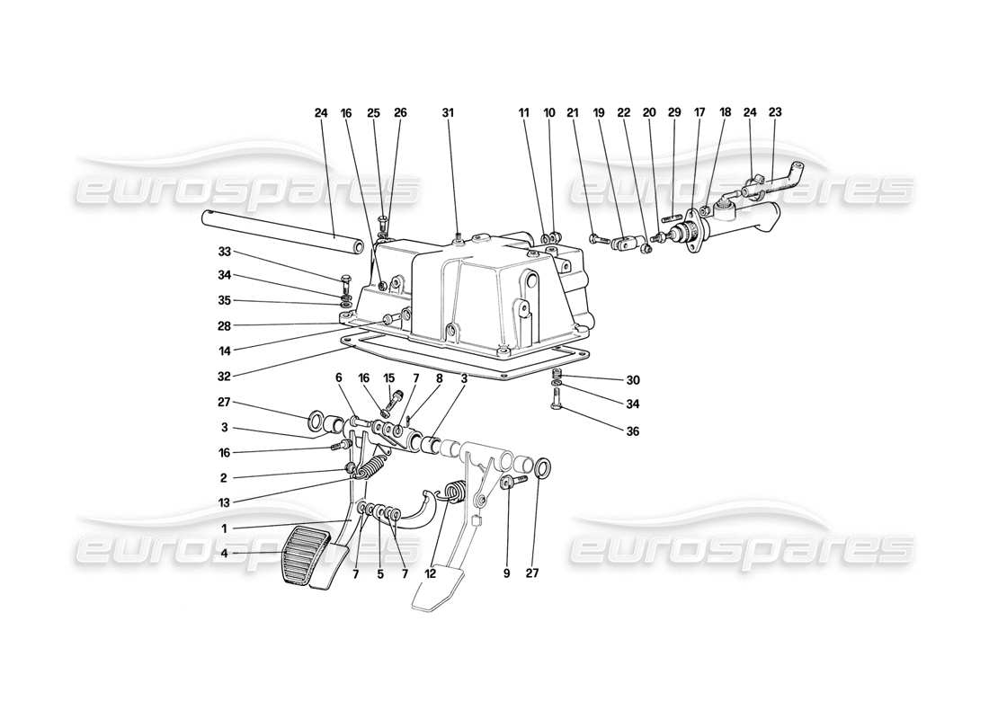ferrari mondial 3.2 qv (1987) schema parziale pedaliera - comando frizione (per auto con sistema antislittamento - varianti per versione destra d).