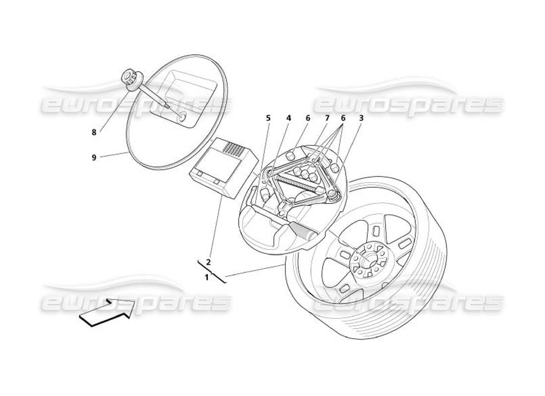 maserati 4200 spyder (2005) schema della parte della ruota di scorta e dell'attrezzatura -opzionale-