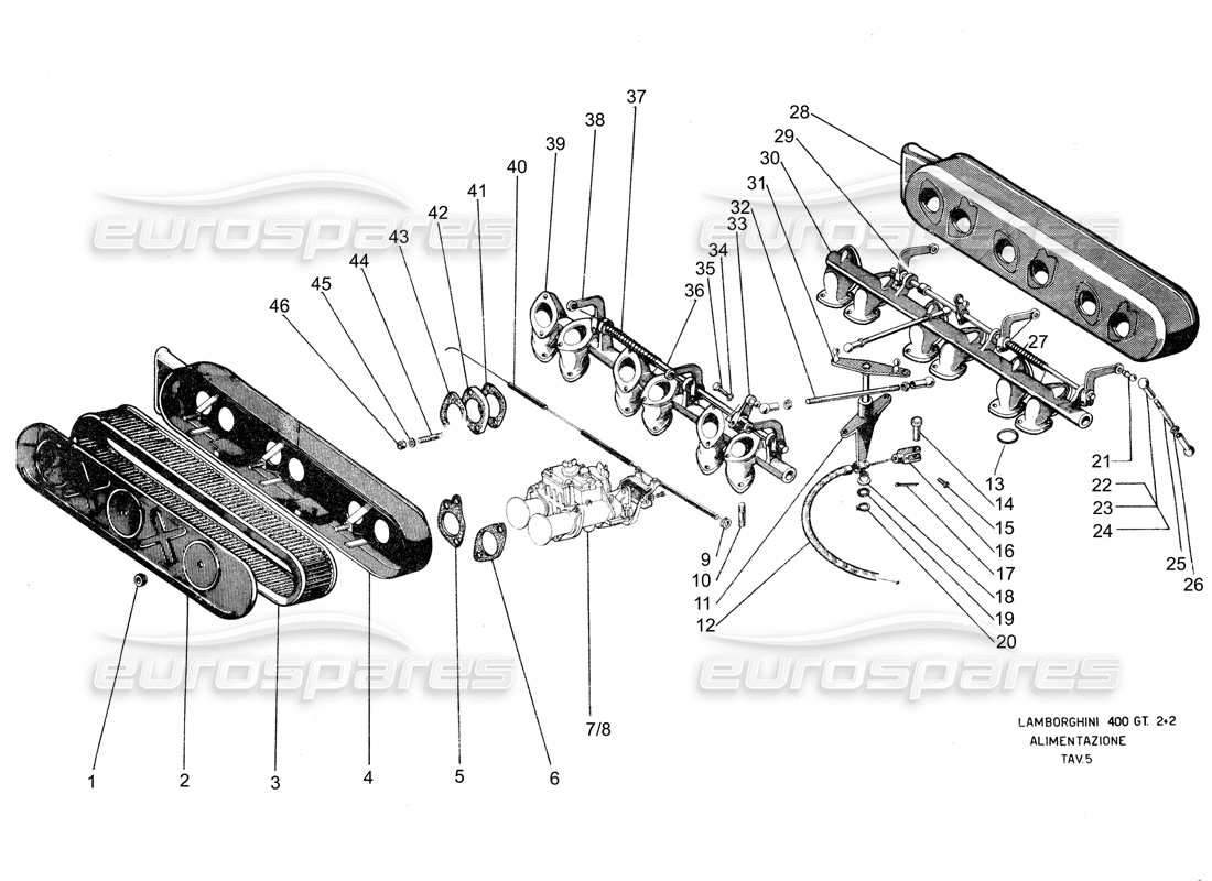 lamborghini 400 gt diagramma delle parti del collettore di aspirazione