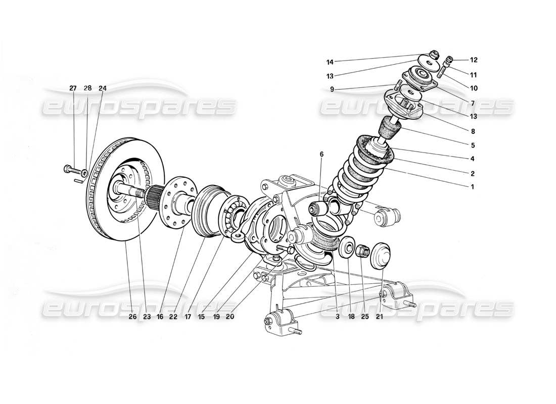 ferrari testarossa (1990) sospensione anteriore - ammortizzatore e disco freno (fino alla vettura n. 75995) diagramma delle parti
