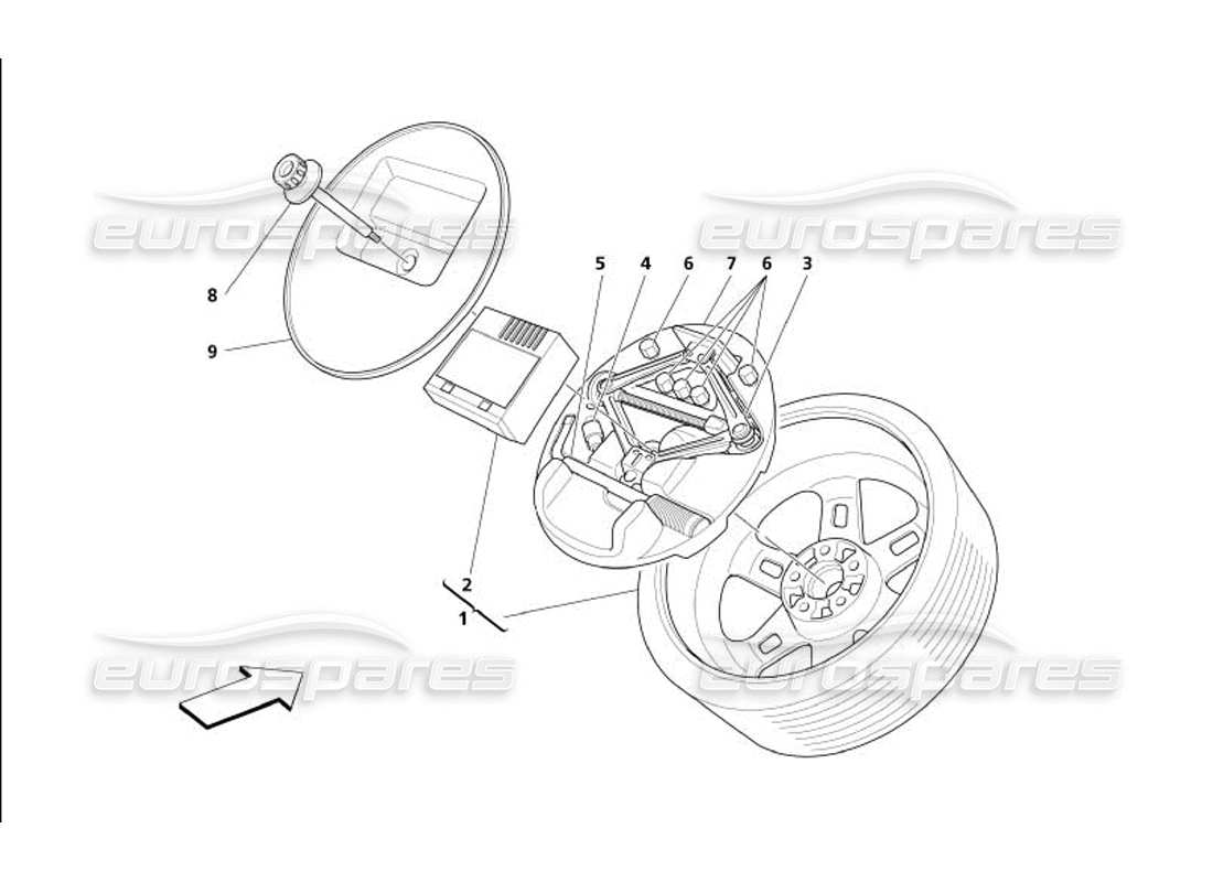 maserati 4200 gransport (2005) schema della parte della ruota di scorta e dell'attrezzatura -opzionale-