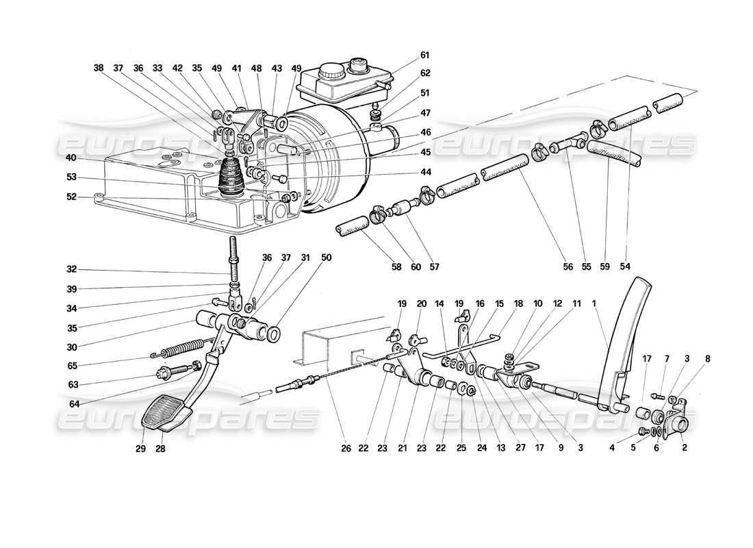 ferrari testarossa (1990) impianto idraulico freno - controllo acceleratore diagramma delle parti