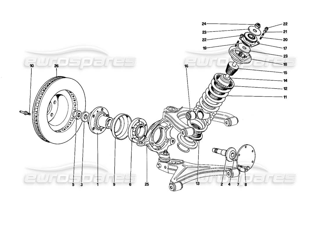 ferrari testarossa (1990) sospensione anteriore - ammortizzatore e disco freno (fino alla vettura n. 75997) diagramma delle parti