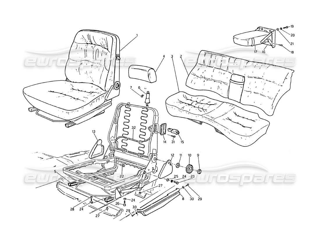 maserati biturbo 2.5 (1984) schema delle parti dei sedili anteriori e posteriori