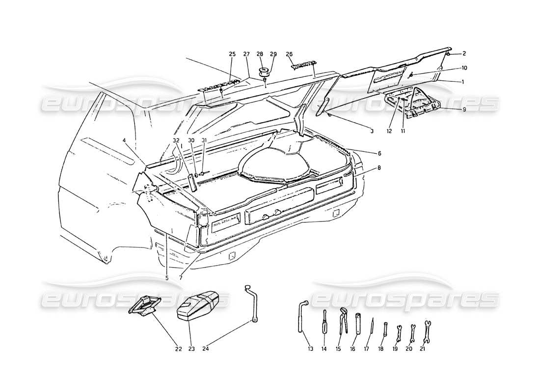 maserati biturbo 2.5 (1984) stivale: diagramma delle parti di badge, moquette e strumenti