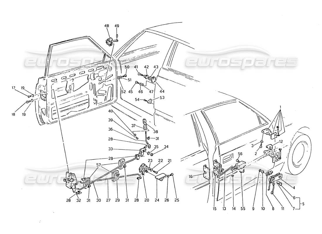 maserati biturbo 2.5 (1984) porte - schema delle parti cerniere e controlli interni