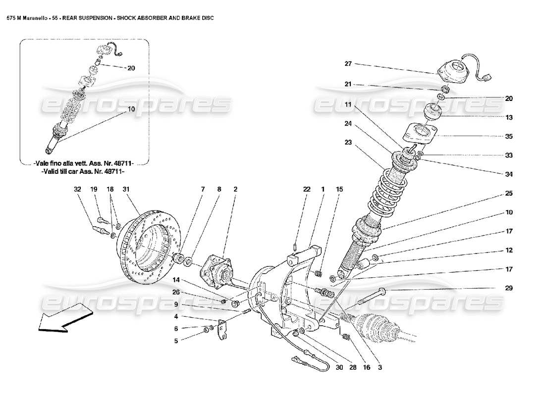 ferrari 575m maranello schema delle parti dell'ammortizzatore della sospensione posteriore e del disco del freno