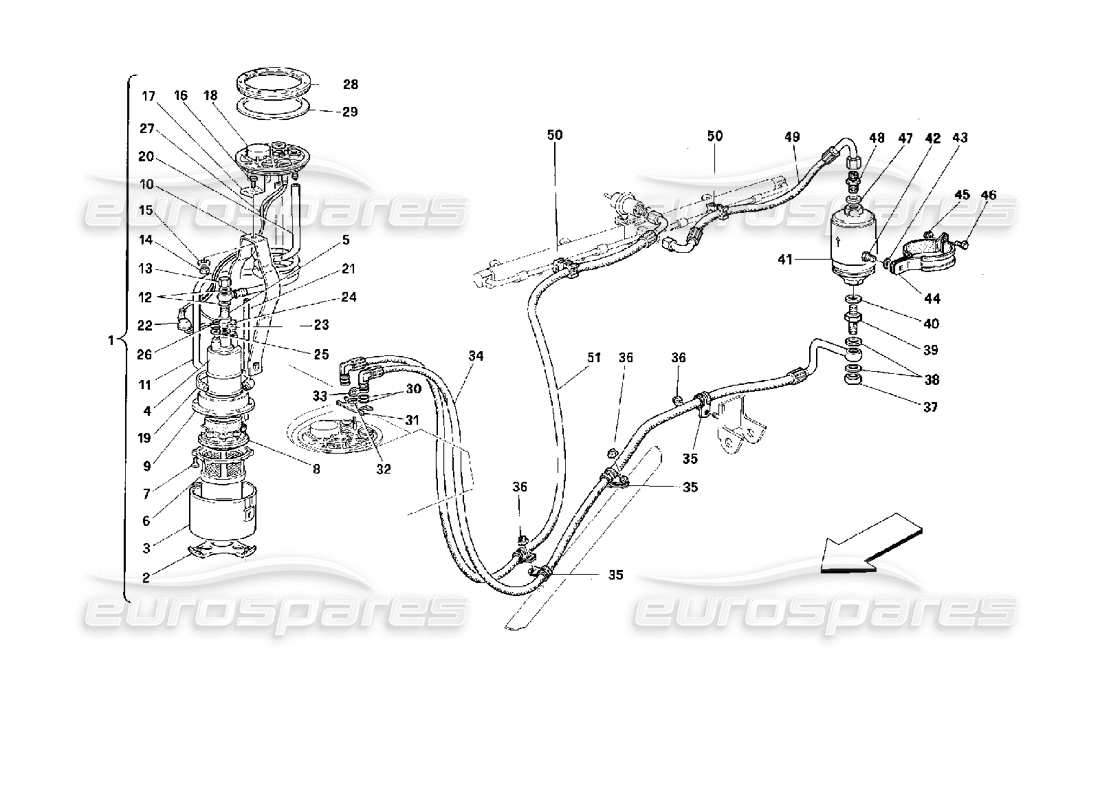 ferrari 512 tr diagramma delle parti della pompa del carburante e dei tubi