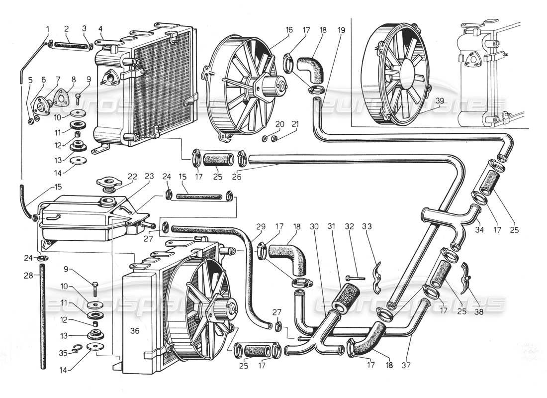lamborghini countach 5000 qv (1985) schema delle parti del radiatore e del sistema di raffreddamento