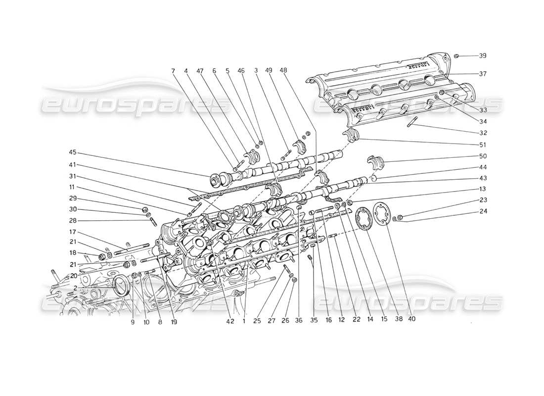 ferrari 208 gt4 dino (1975) diagramma delle parti della testata (sinistra).