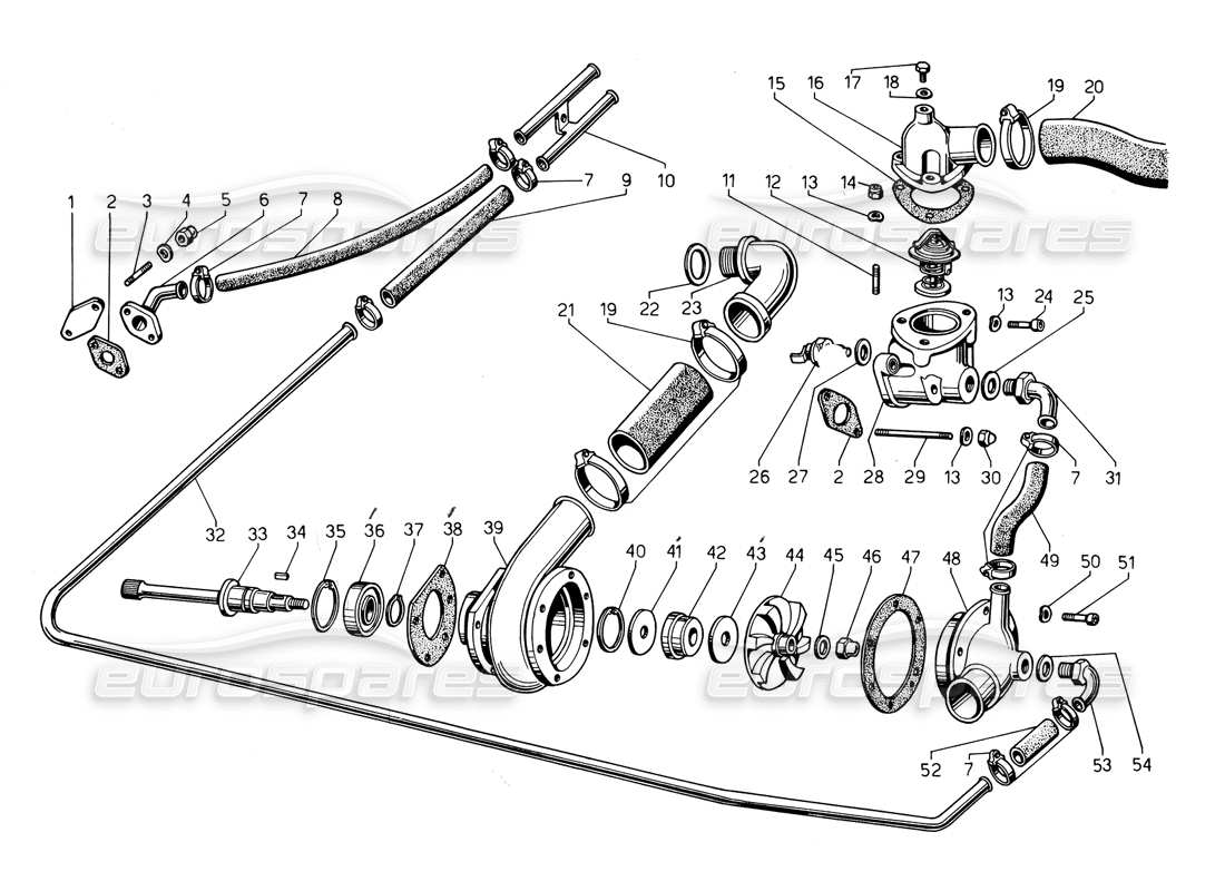 lamborghini countach 5000 qv (1985) diagramma delle parti della pompa dell'acqua e del sistema