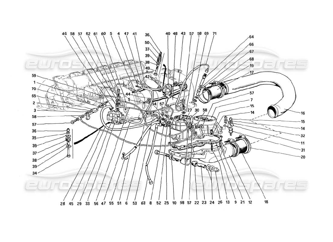 ferrari 512 bbi sistema di iniezione del carburante: distributori di carburante, diagramma delle parti delle linee