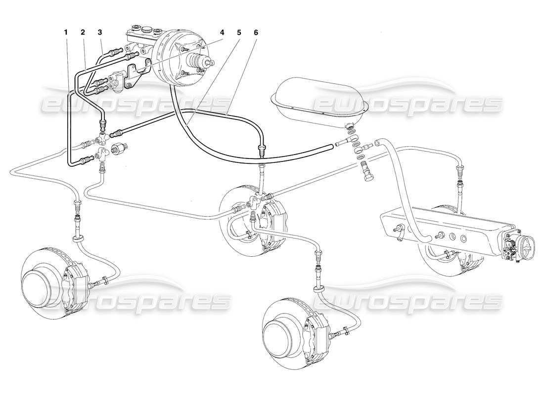 lamborghini diablo vt (1994) schema delle parti dell'impianto frenante (valido per versione rh d. - aprile 1994).