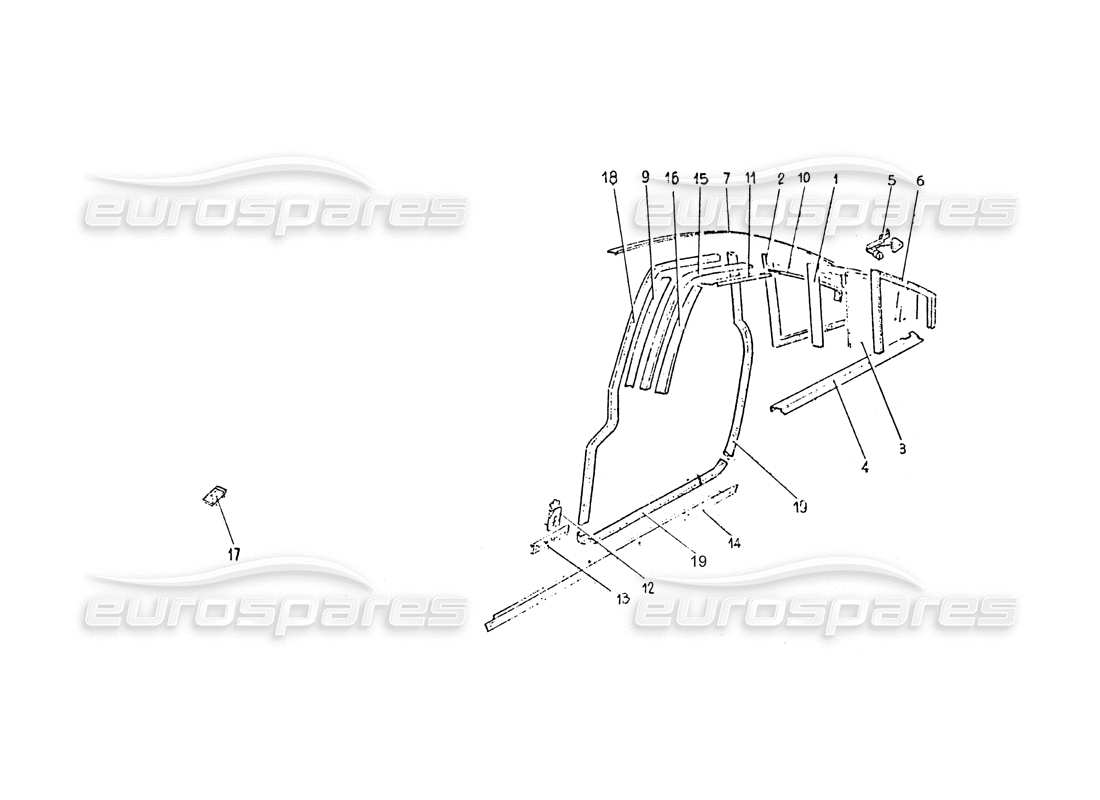 ferrari 365 gt 2+2 (coachwork) diagramma delle parti del rivestimento del vetro del quarto posteriore e delle guarnizioni delle porte