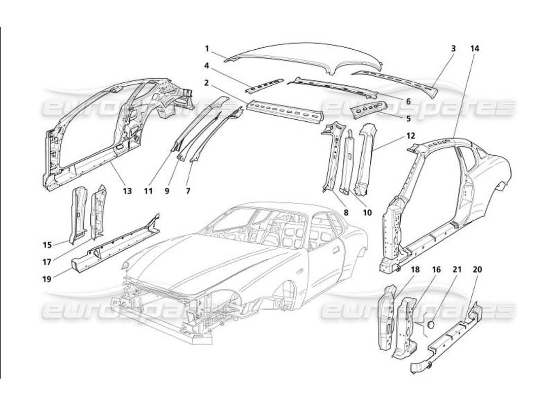 maserati 4200 gransport (2005) diagramma delle parti delle finiture esterne centrali del corpo