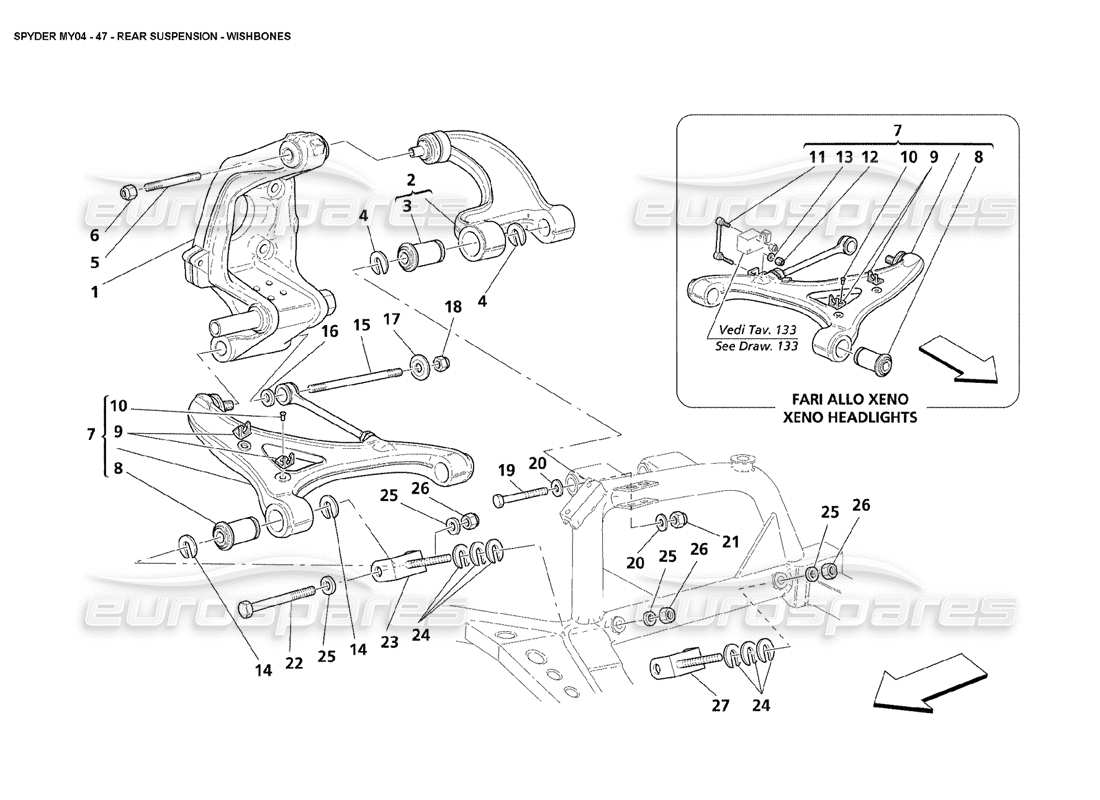 maserati 4200 spyder (2004) diagramma delle parti dei bracci trasversali della sospensione posteriore