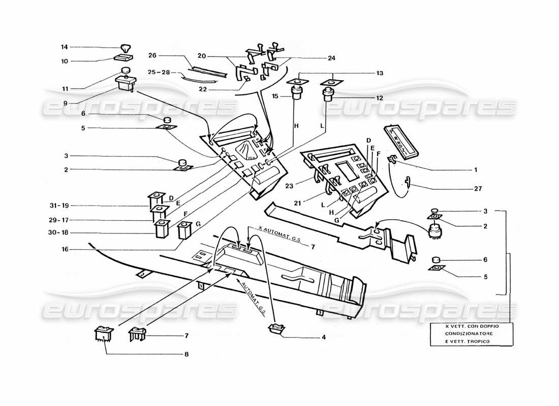 ferrari 400 gt / 400i (coachwork) interruttori della console centrale interna diagramma delle parti