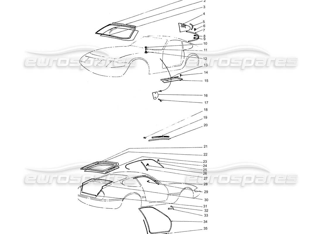 ferrari 365 gtb4 daytona (coachwork) diagramma delle parti delle guarnizioni in vetro e gomma
