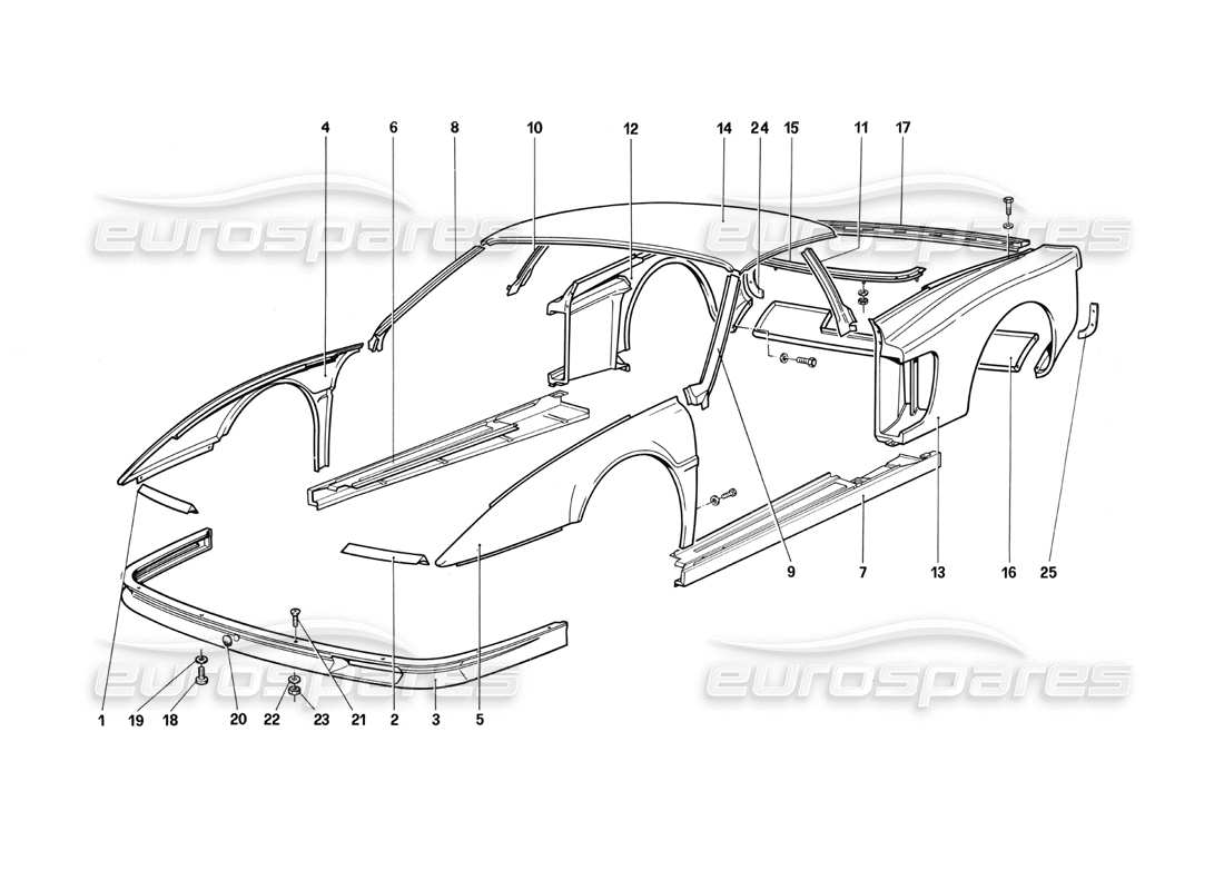 ferrari testarossa (1990) corpo - componenti esterni diagramma delle parti