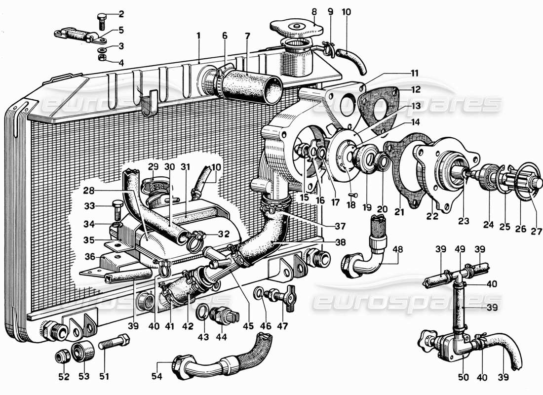 ferrari 365 gt 2+2 (mechanical) schema delle parti del radiatore e della pompa dell'acqua
