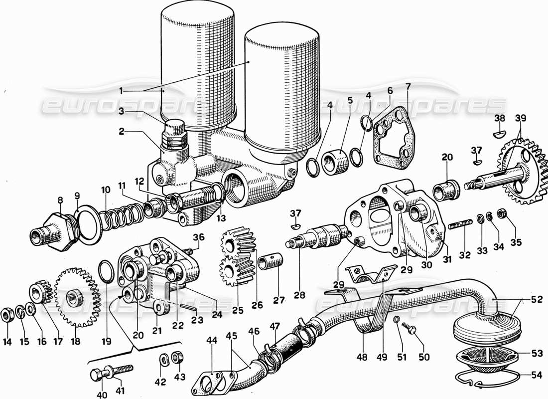 ferrari 365 gt 2+2 (mechanical) diagramma delle parti della pompa dell'olio e dei filtri