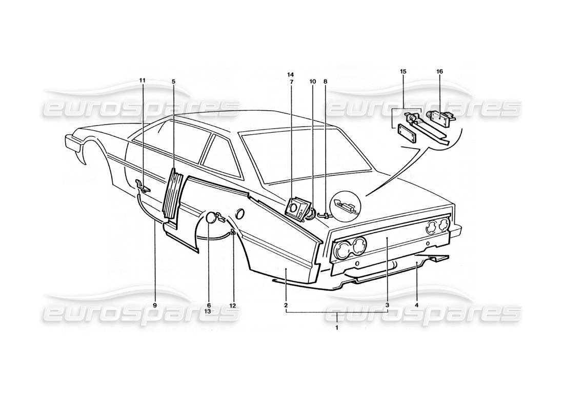 ferrari 400 gt / 400i (coachwork) diagramma delle parti dei pannelli della carrozzeria dell'estremità posteriore