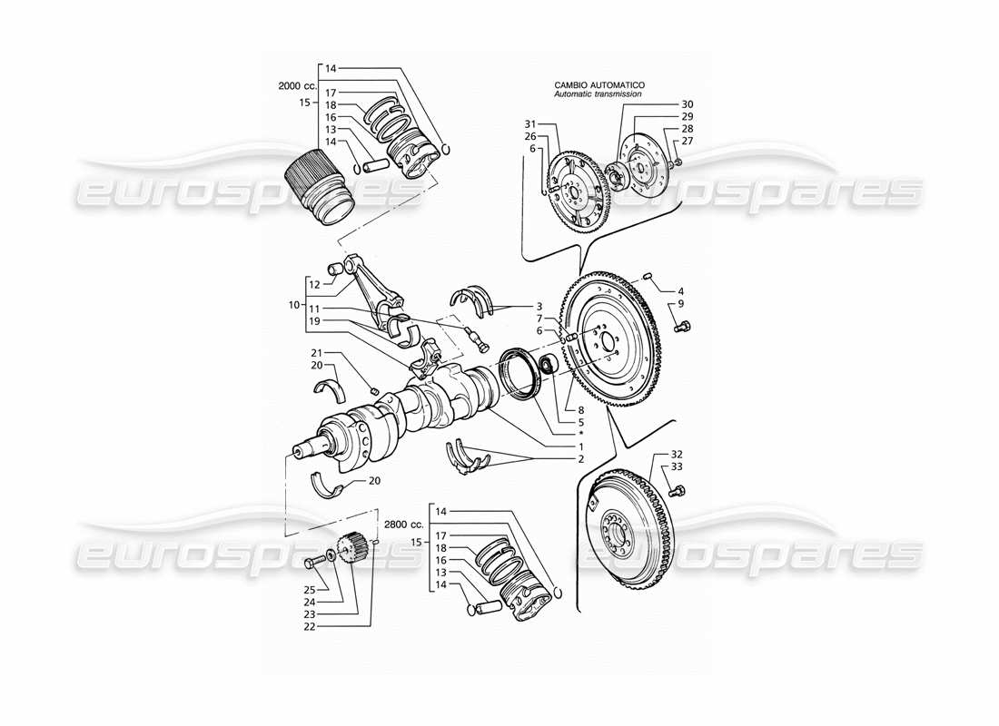 maserati ghibli 2.8 gt (variante) schema delle parti di albero motore, pistoni, bielle e volano