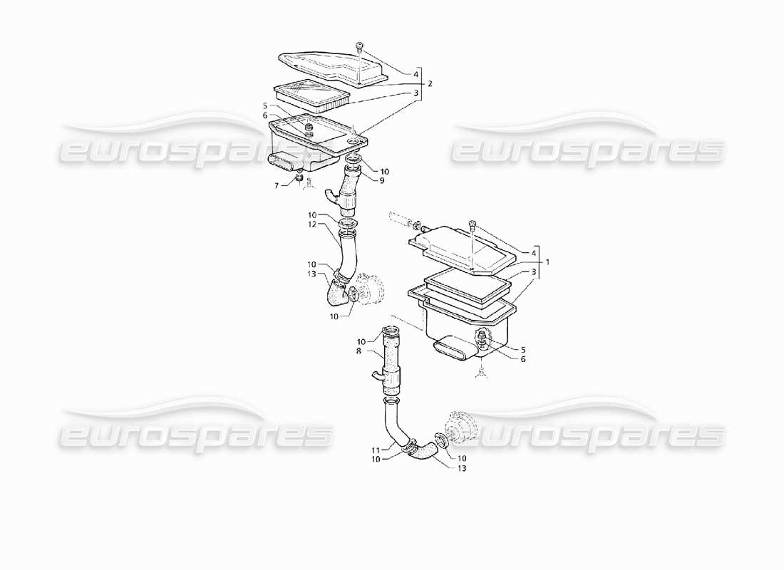 maserati qtp v8 (1998) diagramma delle parti del filtro dell'aria e dei condotti