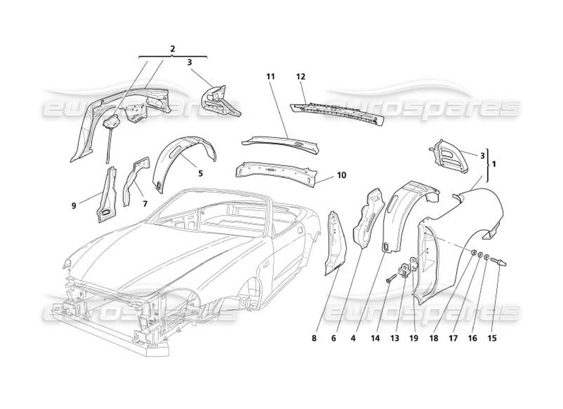 maserati 4200 spyder (2005) diagramma delle parti delle finiture esterne posteriori della carrozzeria