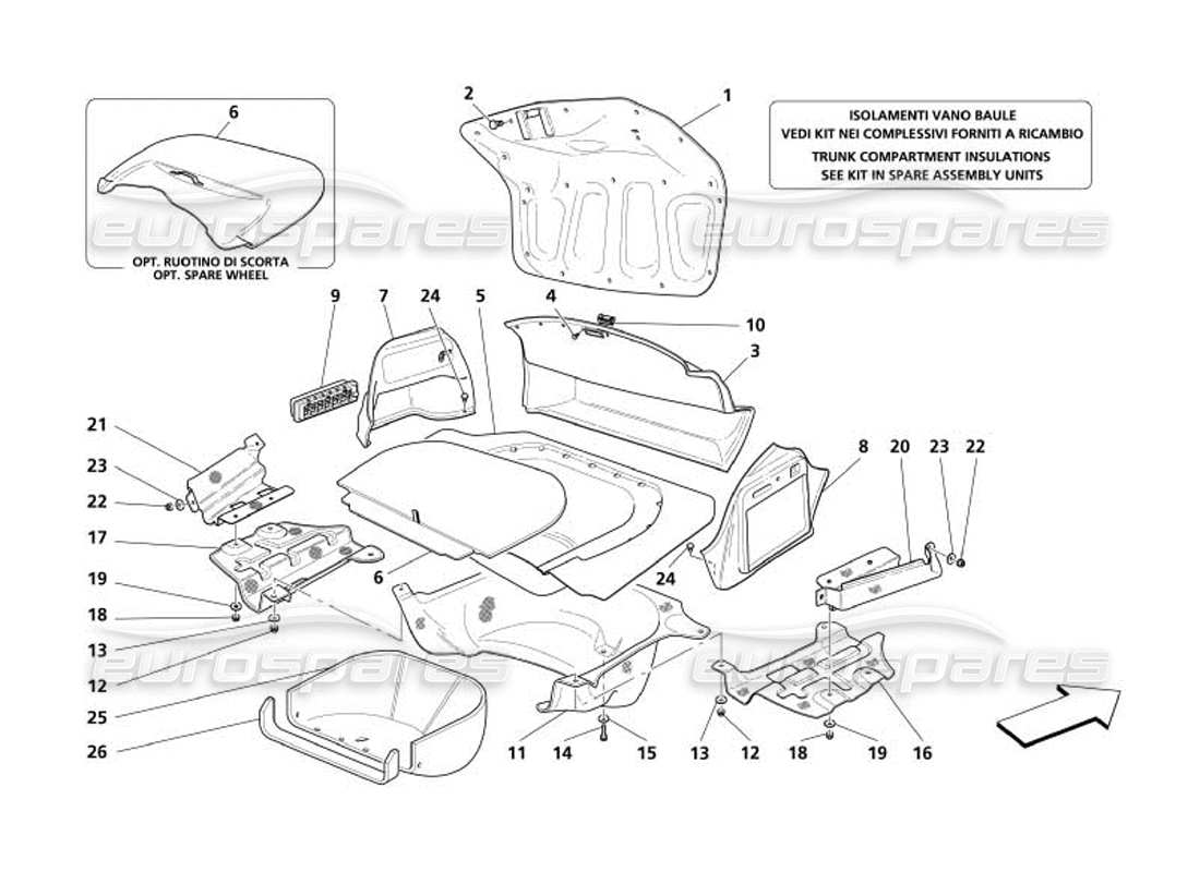 maserati 4200 spyder (2005) finiture del vano del cofano del bagagliaio: diagramma delle parti della presa d'aria e degli scudi contro la brughiera