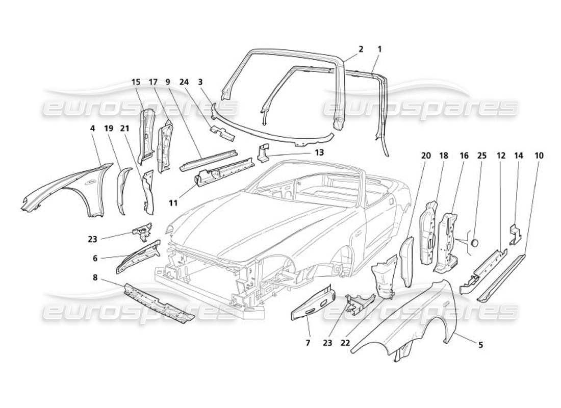 maserati 4200 spyder (2005) carrozzeria: diagramma delle parti delle finiture esterne anteriori