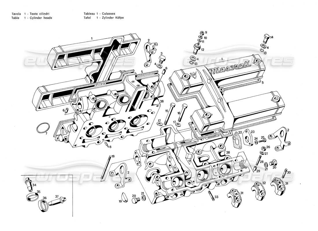 maserati merak 3.0 diagramma delle parti delle teste dei cilindri