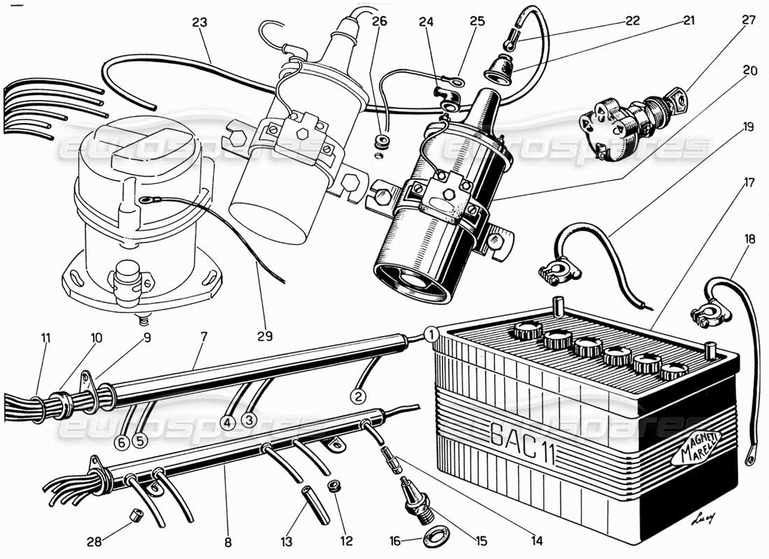 ferrari 330 gt 2+2 cablaggio: bobine di accensione e diagramma delle parti della batteria