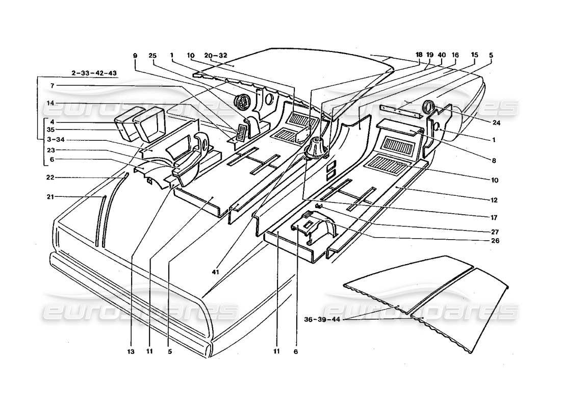 ferrari 400 gt / 400i (coachwork) schema della moquette interna e delle parti di rivestimento