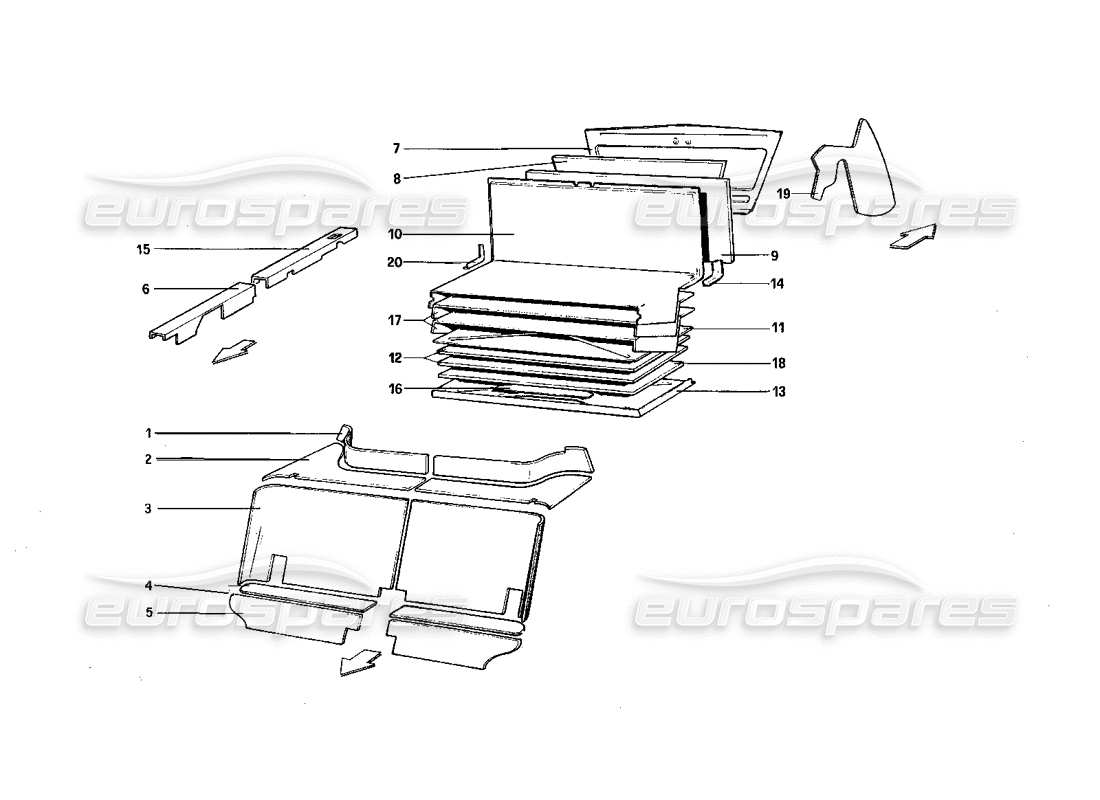 ferrari 308 quattrovalvole (1985) diagramma delle parti dell'isolamento del vano passeggeri e bagagliaio