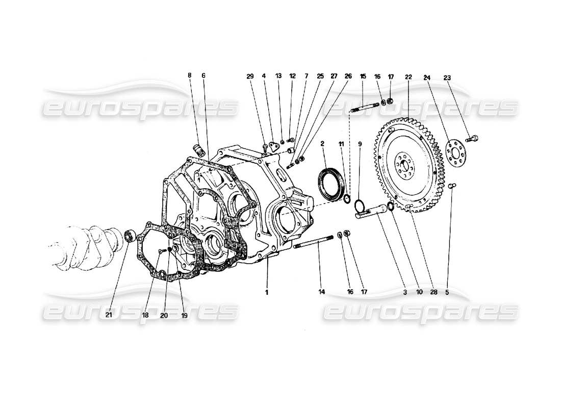 ferrari 308 quattrovalvole (1985) schema delle parti del distanziale dell'alloggiamento della frizione e del volano