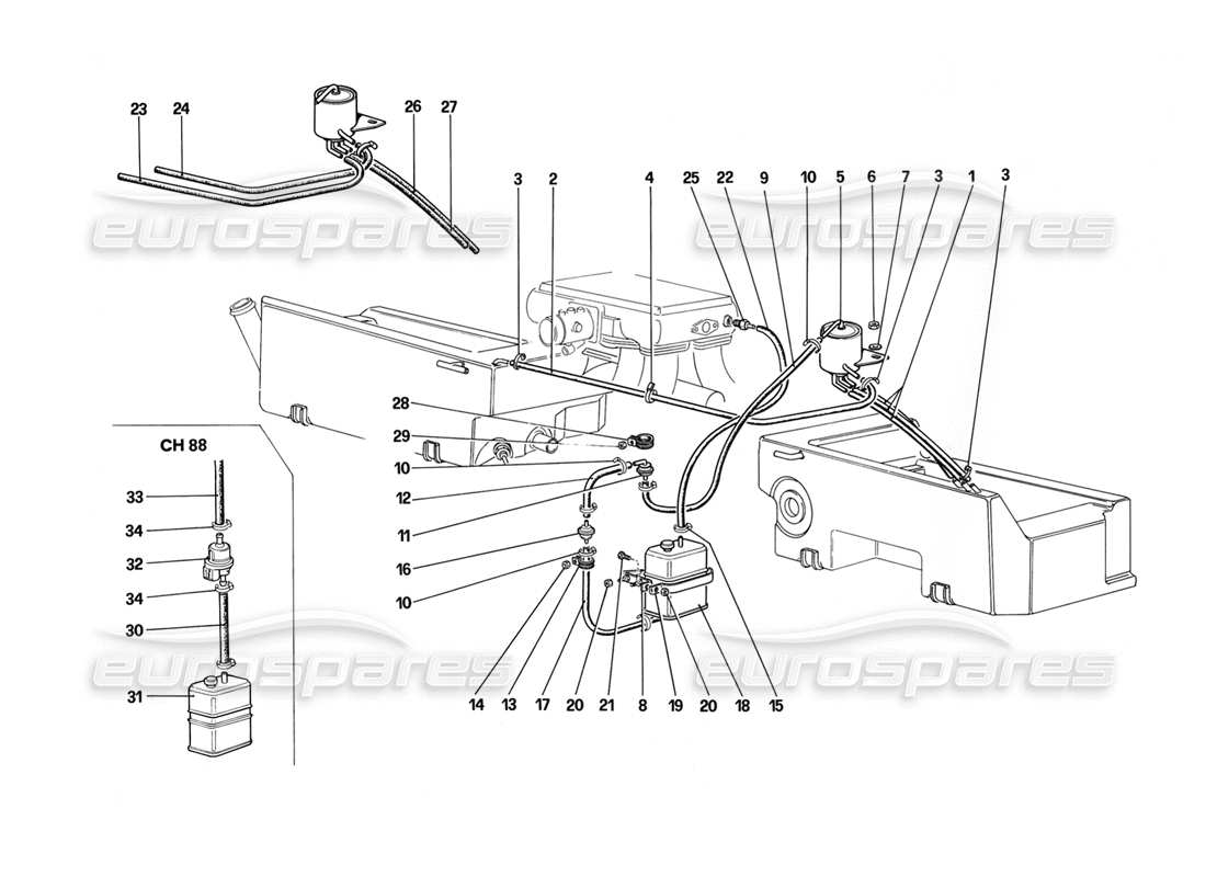 ferrari mondial 3.2 qv (1987) schema delle parti del sistema di controllo delle emissioni antievaporative (per versioni usa e sa).
