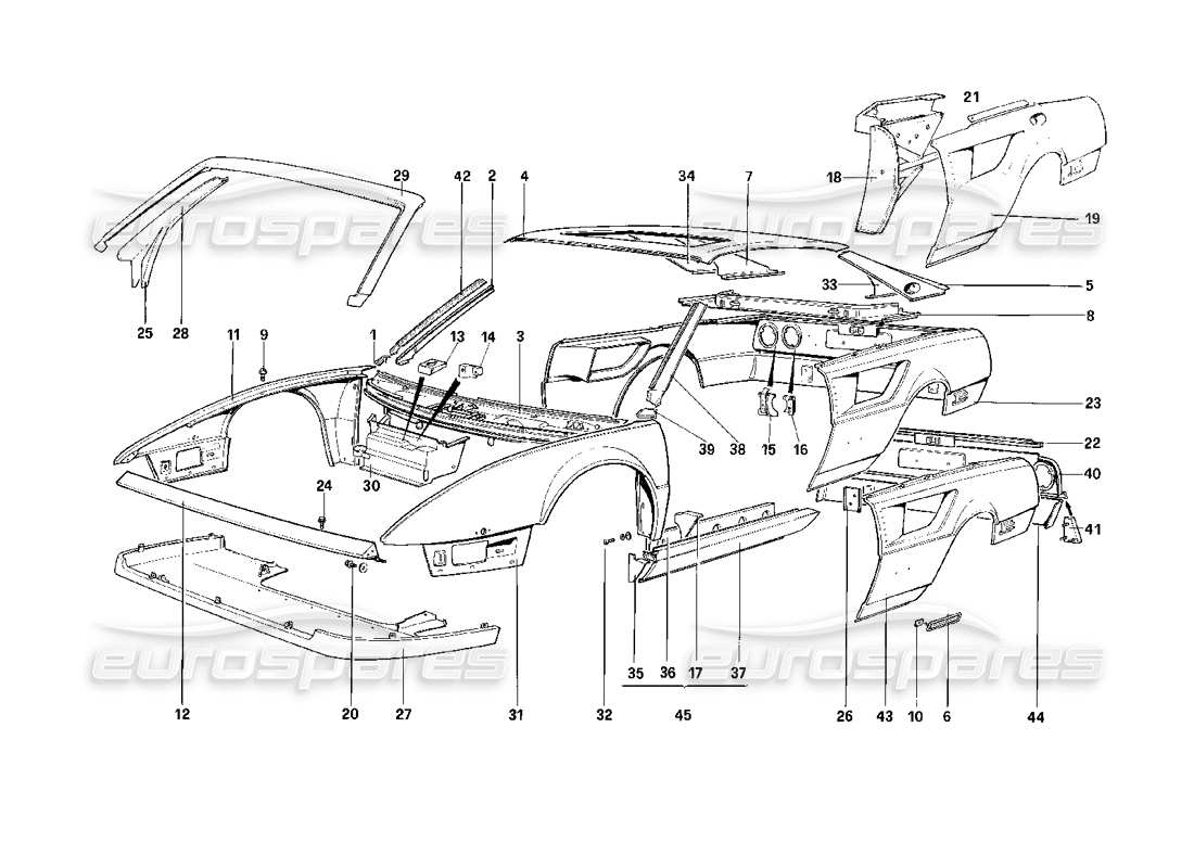 ferrari mondial 3.2 qv (1987) scocca - diagramma delle parti degli elementi esterni