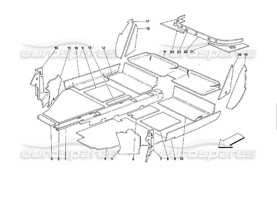 ferrari mondial 3.4 t coupe/cabrio isolamento del vano interno - diagramma delle parti della coupé