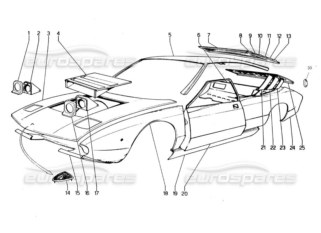 lamborghini urraco p250 / p250s componenti del rivestimento esterno diagramma delle parti