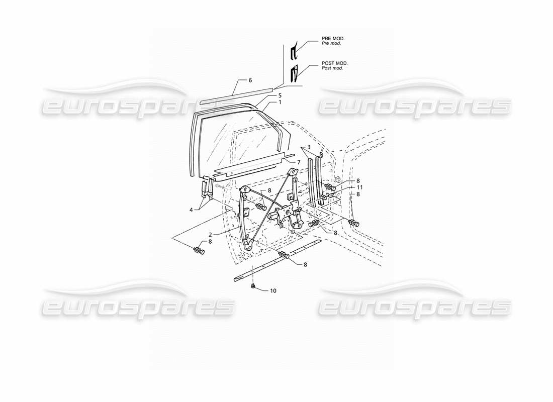 maserati qtp v8 (1998) porte anteriori: diagramma delle parti di finestre e regolatori