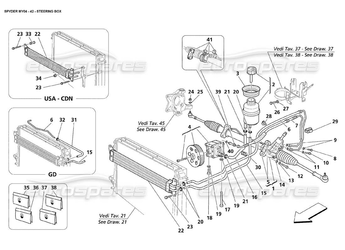 maserati 4200 spyder (2004) schema delle parti della scatola dello sterzo