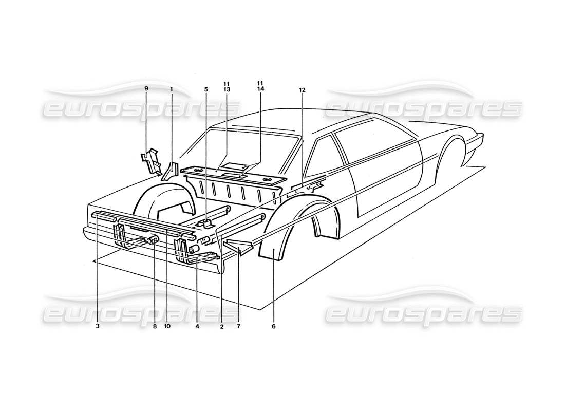 ferrari 400 gt / 400i (coachwork) diagramma delle parti del pannello posteriore e delle protezioni