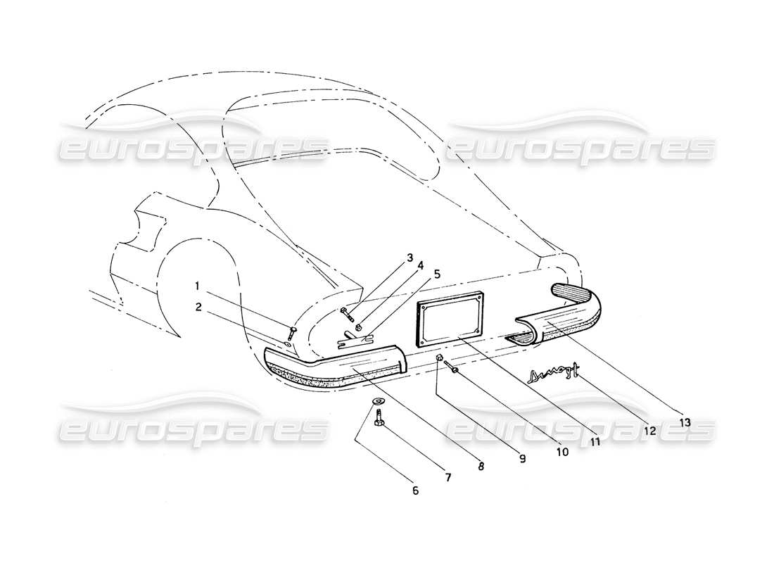 ferrari 206 gt dino (coachwork) diagramma delle parti del paraurti posteriore e dei fissaggi