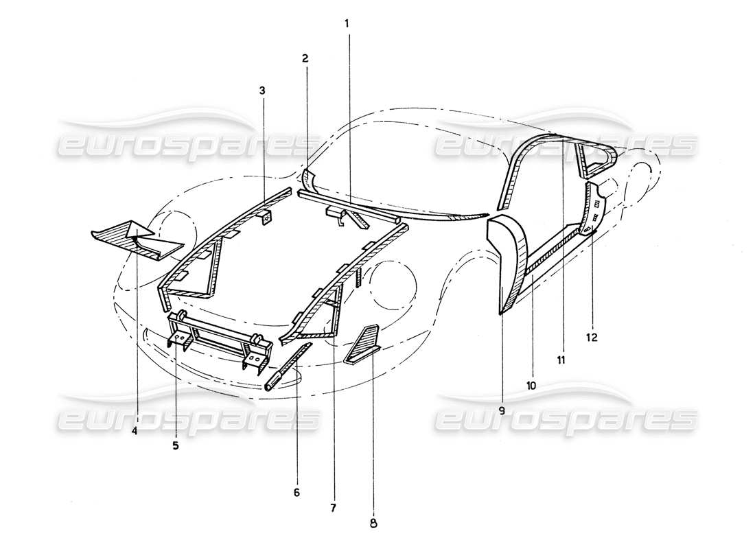 ferrari 206 gt dino (coachwork) diagramma delle parti di lavoro del telaio esterno anteriore