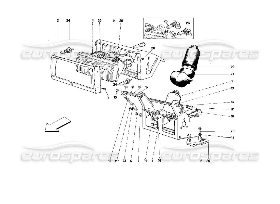ferrari mondial 3.4 t coupe/cabrio dispositivo di sollevamento dei fari e diagramma delle parti dei fari