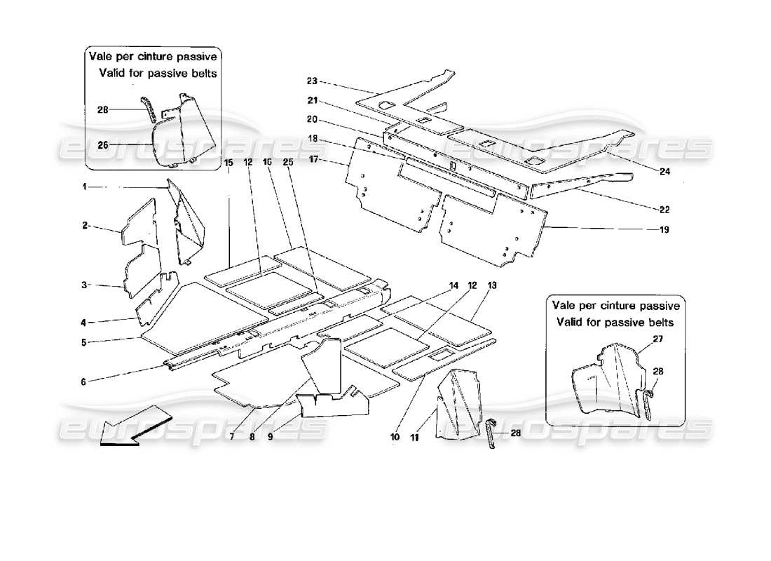 ferrari mondial 3.4 t coupe/cabrio isolamento vano interno - diagramma delle parti della cabriolet