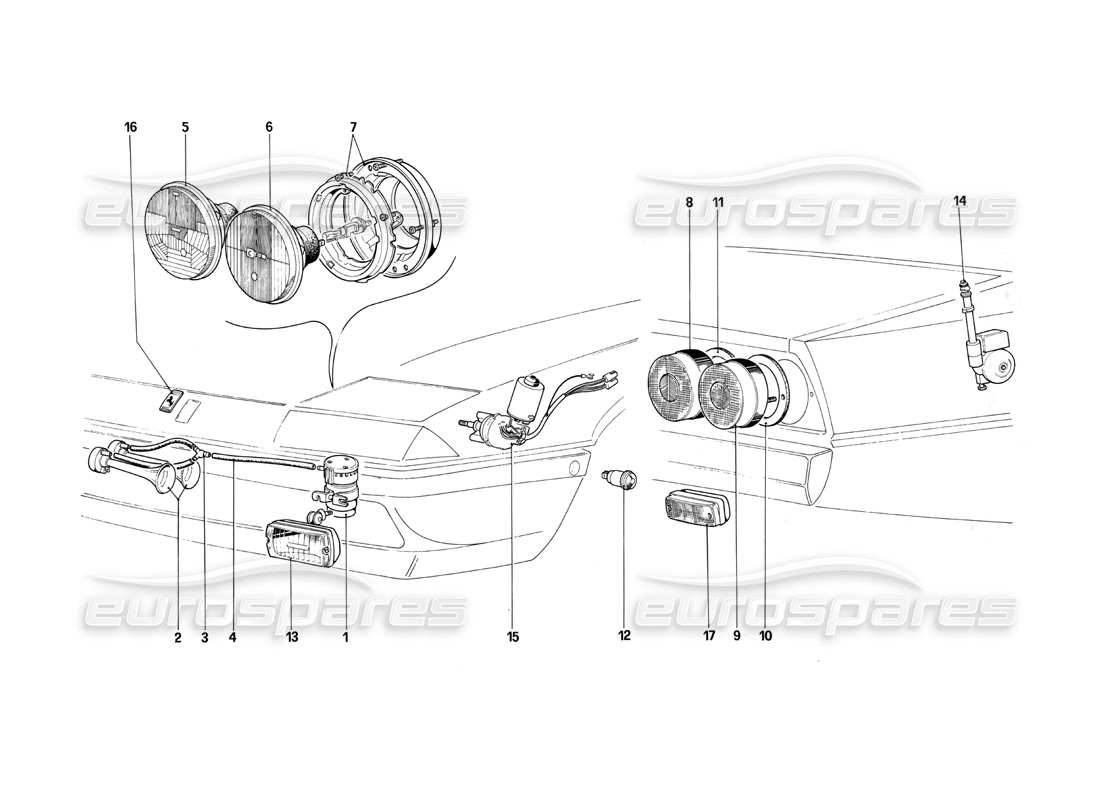 ferrari 412 (mechanical) luci anteriori e posteriori: clacson e diagramma della parte aerea