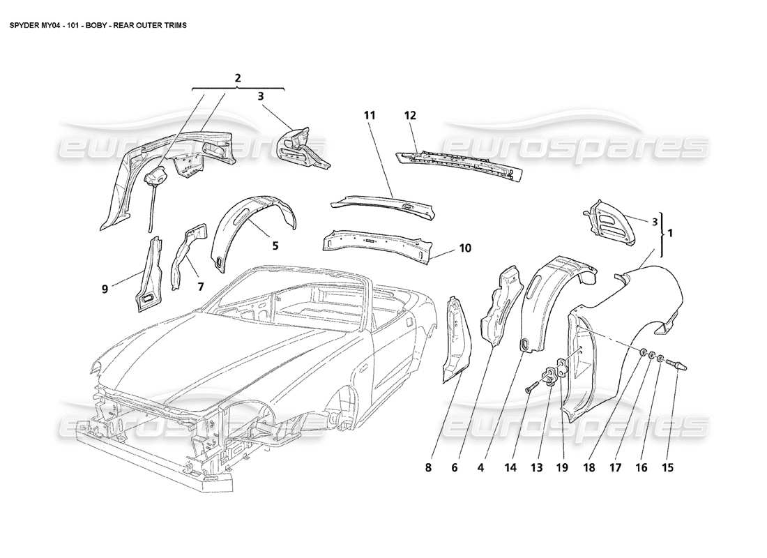 maserati 4200 spyder (2004) diagramma delle parti delle finiture esterne posteriori della carrozzeria