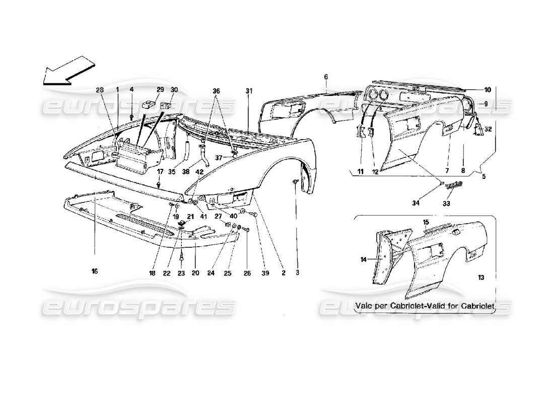 ferrari mondial 3.4 t coupe/cabrio scocca: elementi esterni - parte anteriore e posteriore diagramma delle parti
